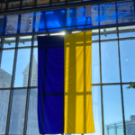 Ukrainian flag hanging in Seattle City Hall