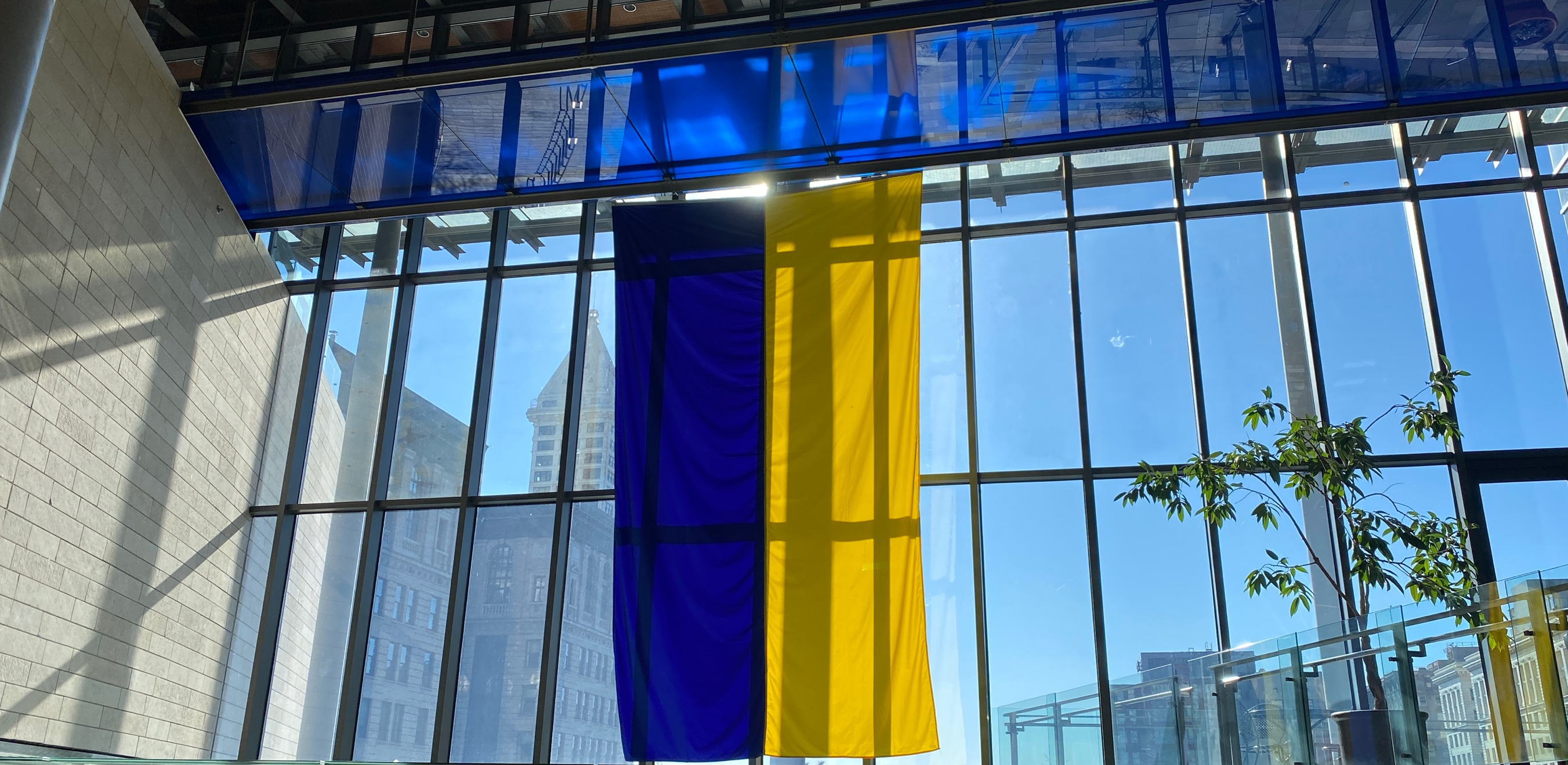 Ukrainian flag hanging in Seattle City Hall