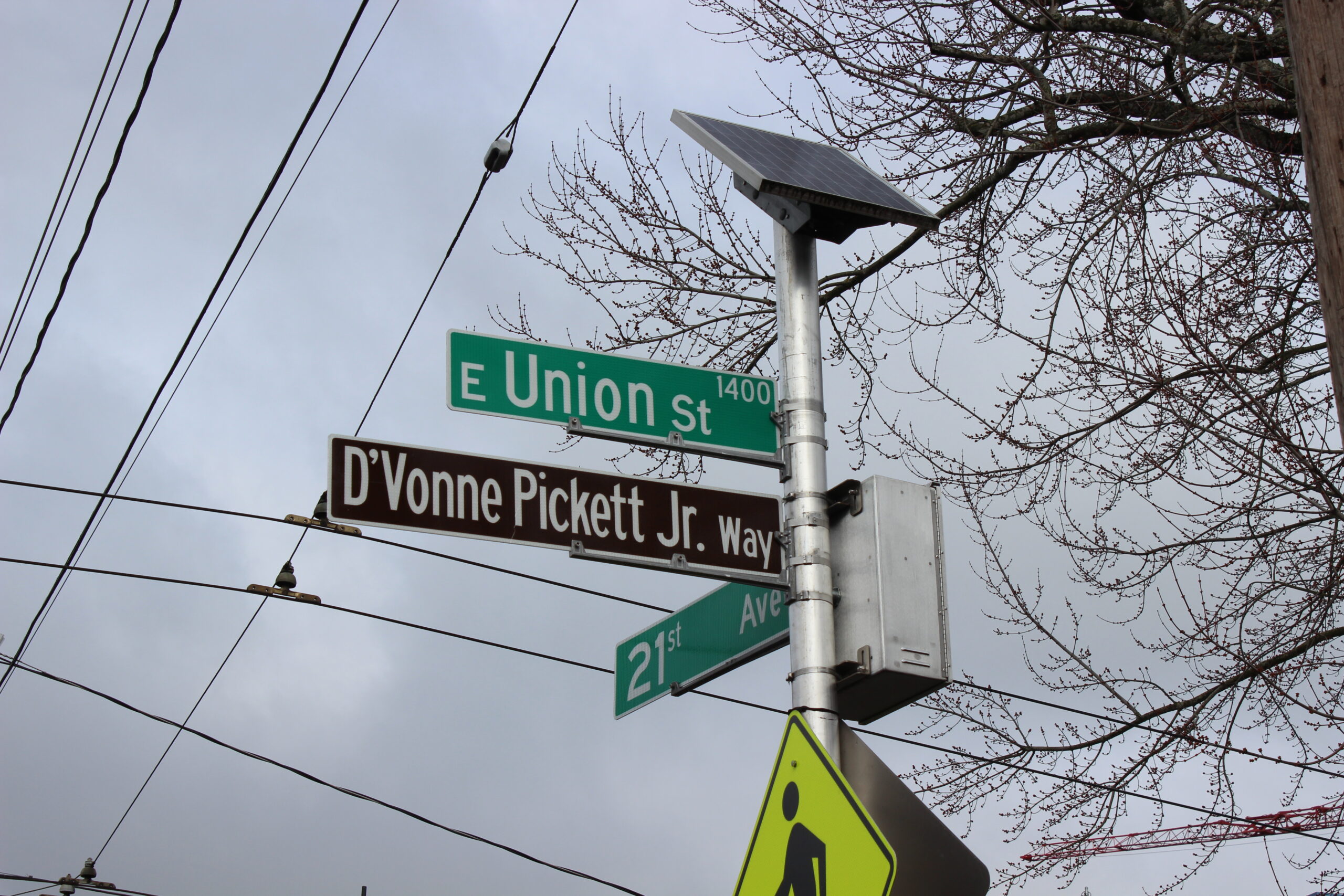A brown street sign reads "D'Vonne Pickett Jr. Way"