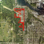 Aerial map image of the Fort Lawton area in Magnolia. The area indicating Fort Lawton is outlined in red.