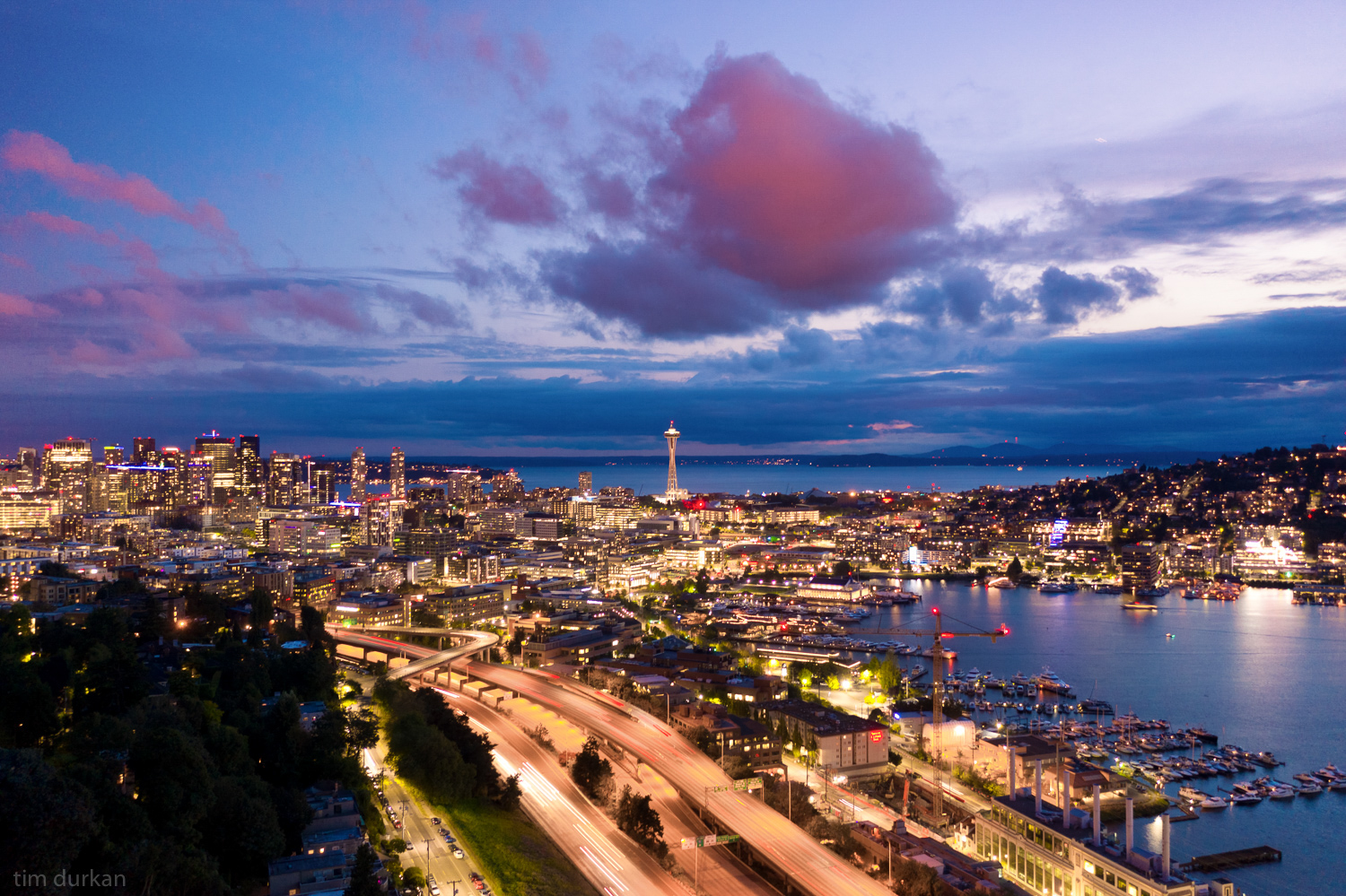 Seattle skyline at sunset.