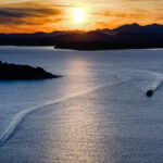 Ferries in Elliott Bay at sunset