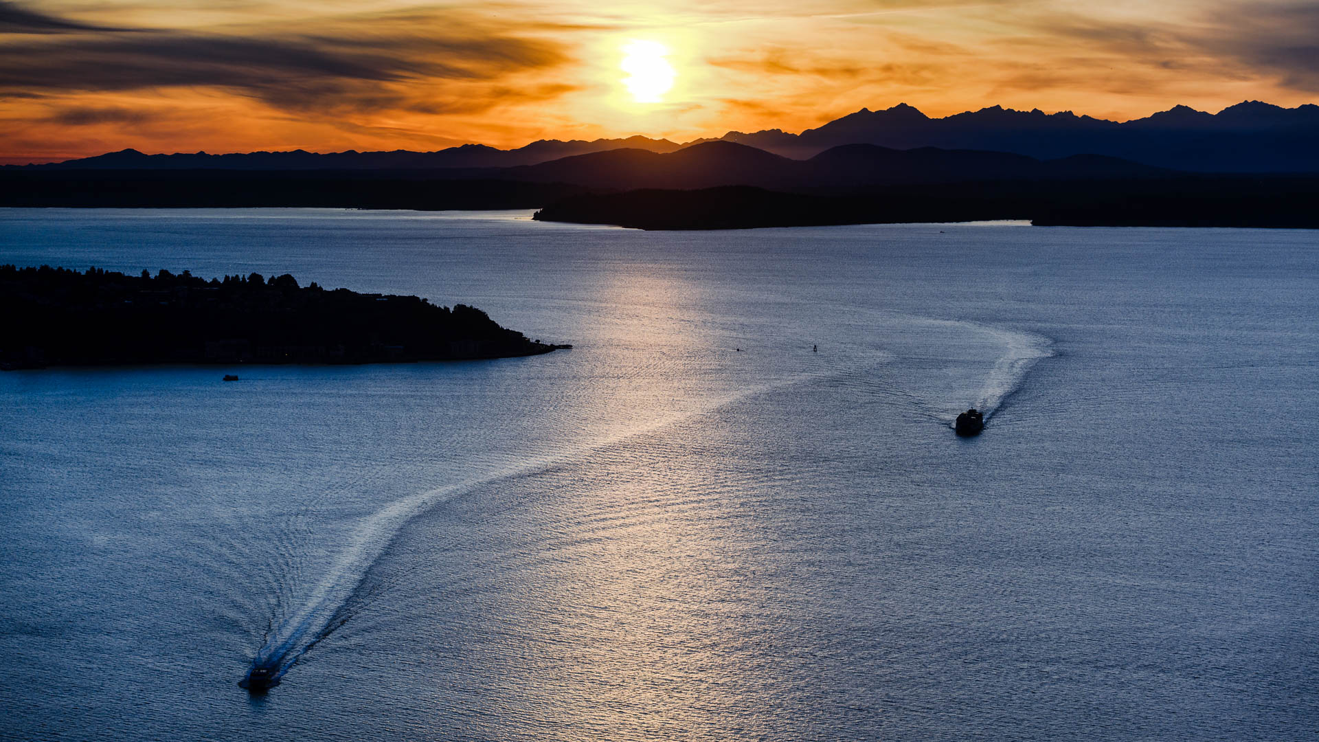 Ferries in Elliott Bay at sunset