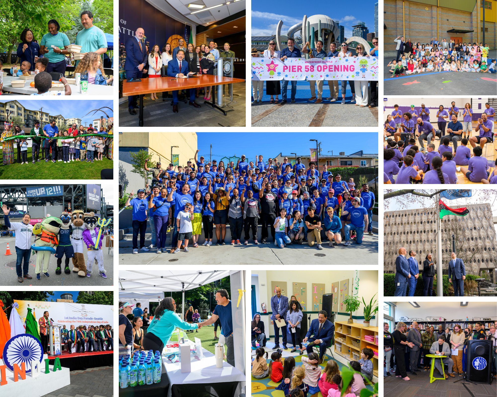 A collage of photos with Mayor Harrell around Seattle with community leaders